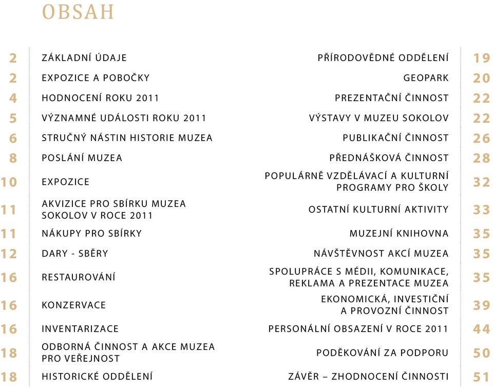 KULTURNÍ AK TIVIT Y 33 11 NÁKUPY PRO SBÍRKY MUZE JNÍ KNIHOVNA 35 12 DARY - SBĚRY NÁVŠTĚVNOST AKCÍ MUZEA 35 16 RESTAUROVÁNÍ 16 KONZER VACE SPOLUPRÁCE S MÉDII, KOMUNIK ACE, REKLAMA A PREZENTACE MUZEA