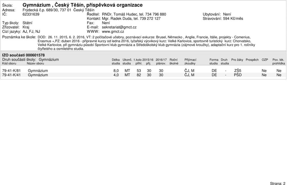 2 7 Fax: ní Email: sekretariat@gmct.cz Cizí jazyky: AJ, FJ, NJ WWW: www.gmct.cz Ubytování: ní Stravování: 59 Kč/měs Poznámka ke škole: DOD: 26