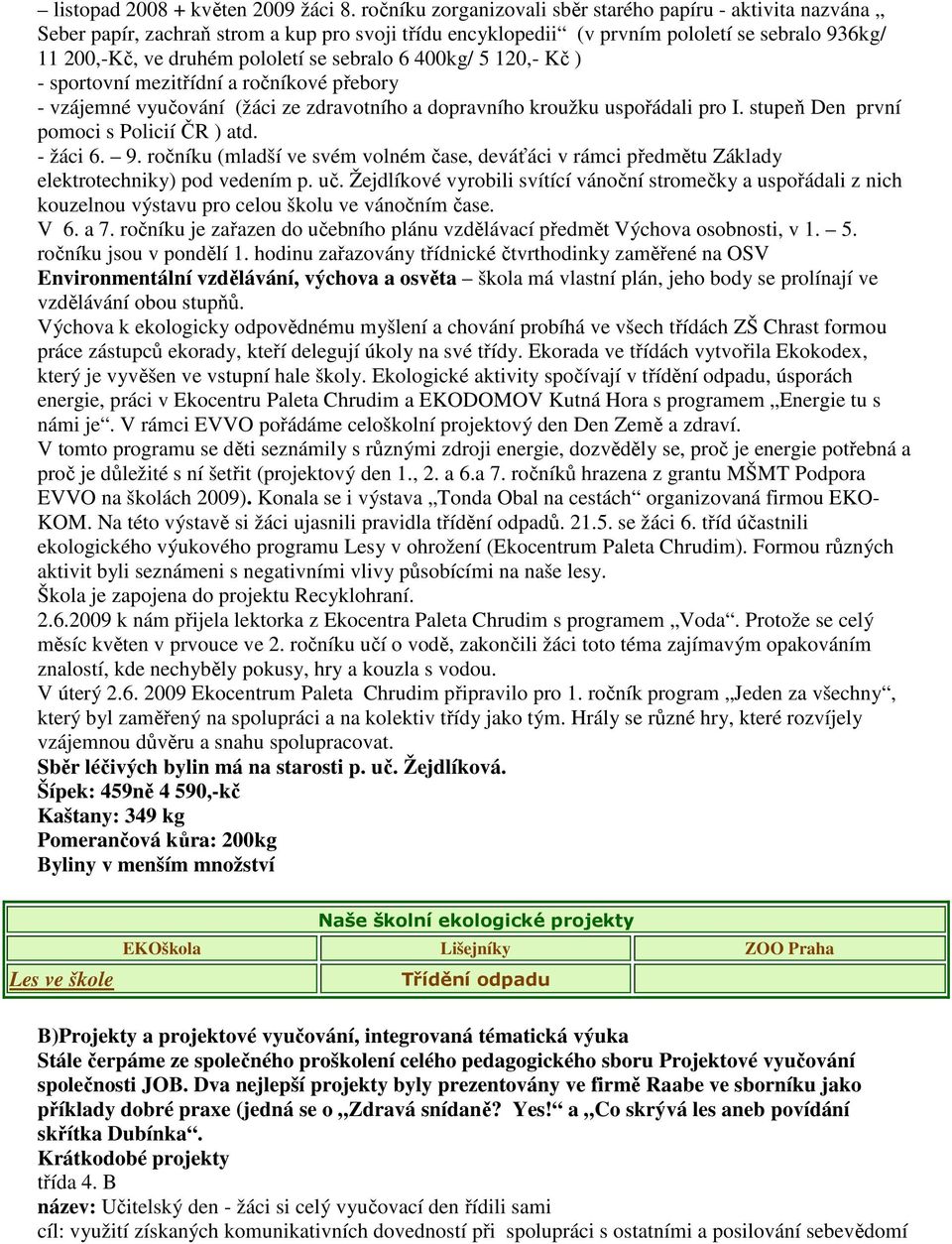 sebralo 6 400kg/ 5 120,- Kč ) - sportovní mezitřídní a ročníkové přebory - vzájemné vyučování (žáci ze zdravotního a dopravního kroužku uspořádali pro I. stupeň Den první pomoci s Policií ČR ) atd.