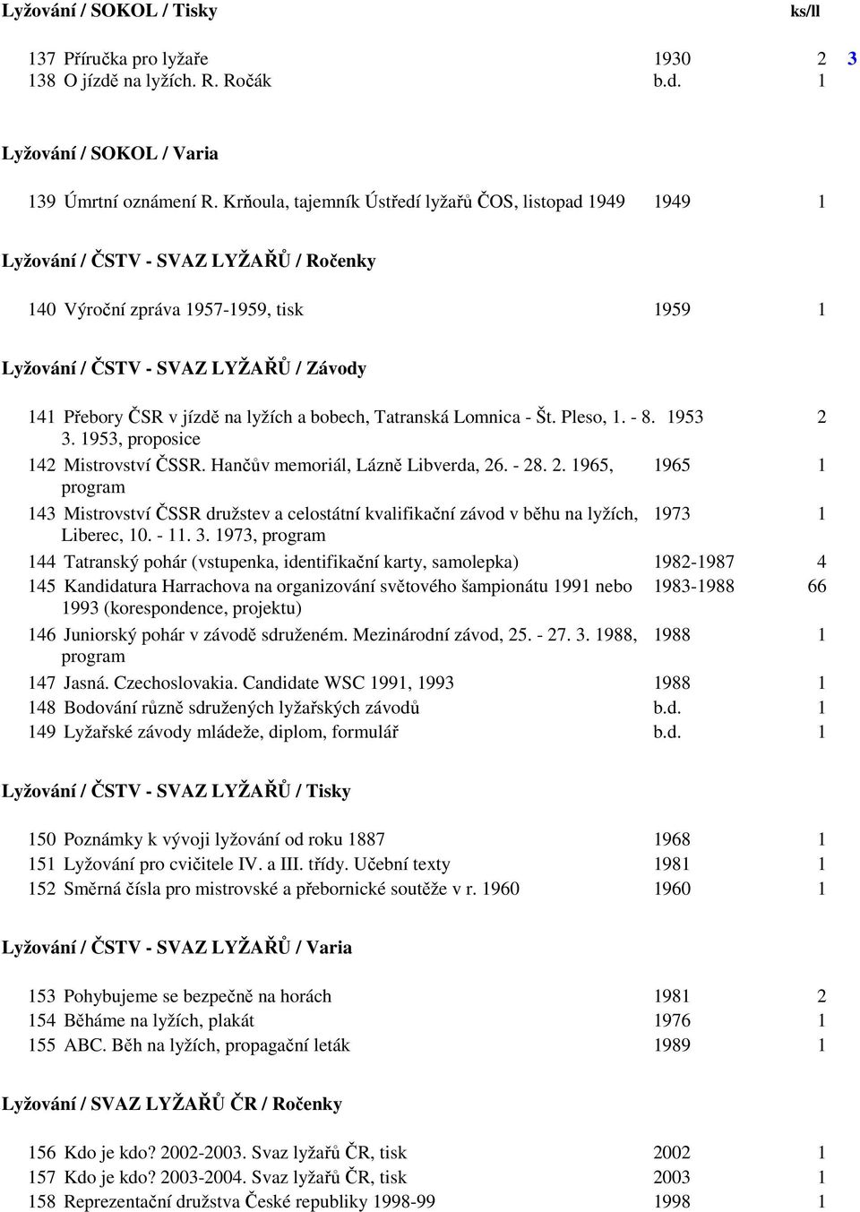 jízdě na lyžích a bobech, Tatranská Lomnica - Št. Pleso, 1. - 8. 1953 2 3. 1953, proposice 142 Mistrovství ČSSR. Hančův memoriál, Lázně Libverda, 26. - 28. 2. 1965, 1965 1 program 143 Mistrovství ČSSR družstev a celostátní kvalifikační závod v běhu na lyžích, 1973 1 Liberec, 10.