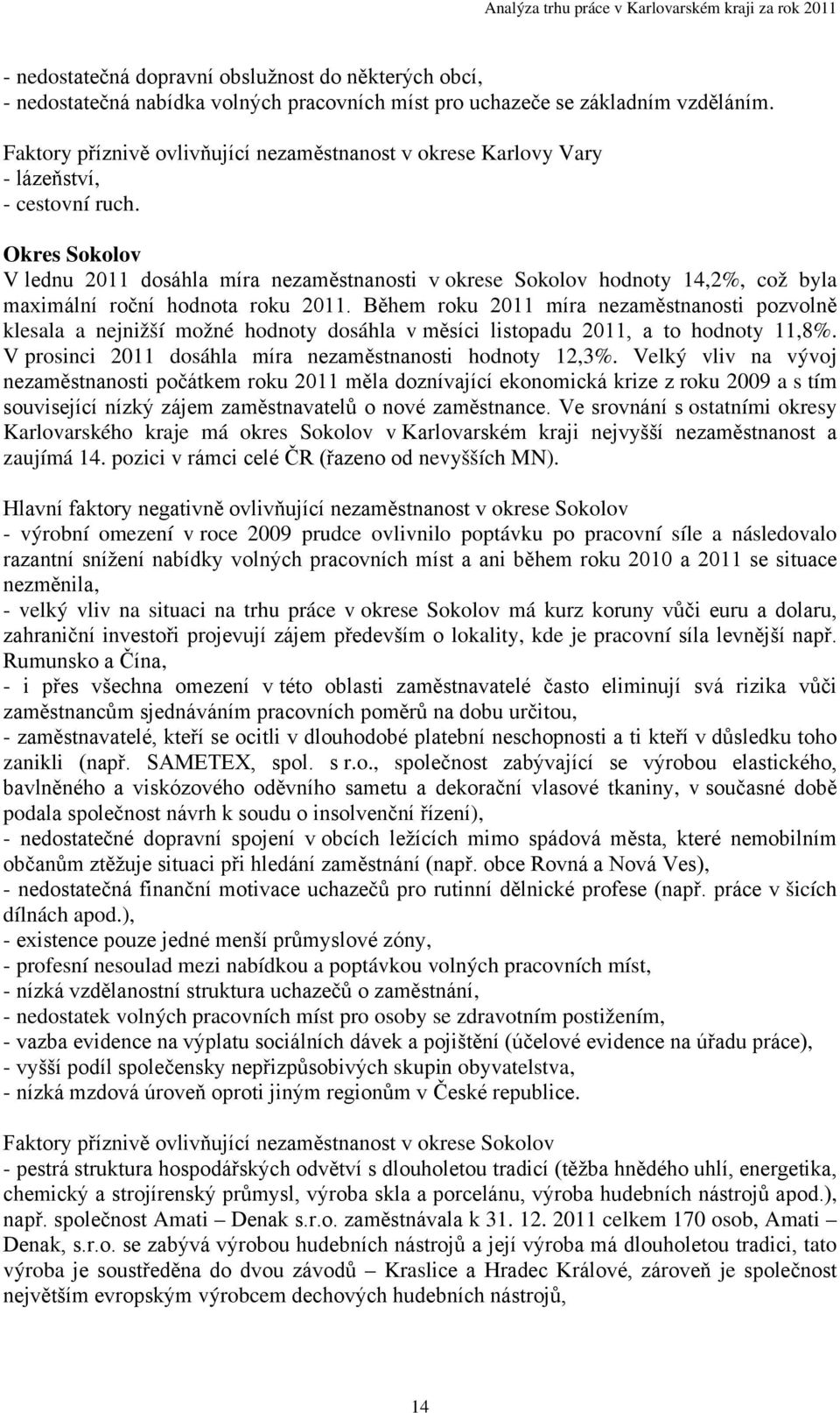 Okres Sokolov V lednu 2011 dosáhla míra nezaměstnanosti v okrese Sokolov hodnoty 14,2%, což byla maximální roční hodnota roku 2011.