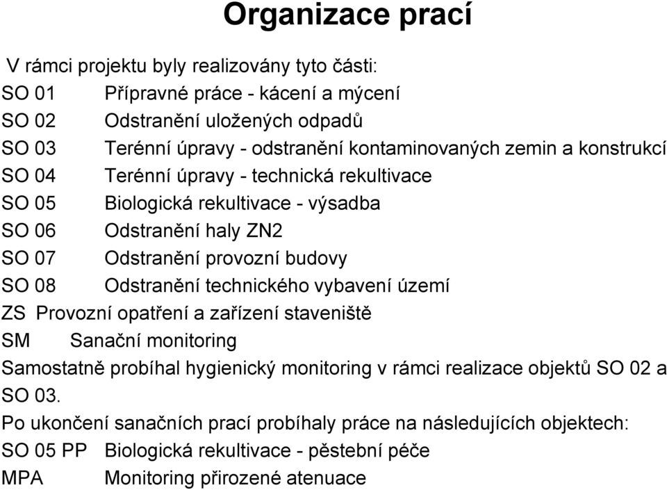 budovy SO 08 Odstranění technického vybavení území ZS Provozní opatření a zařízení staveniště SM Sanační monitoring Samostatně probíhal hygienický monitoring v rámci