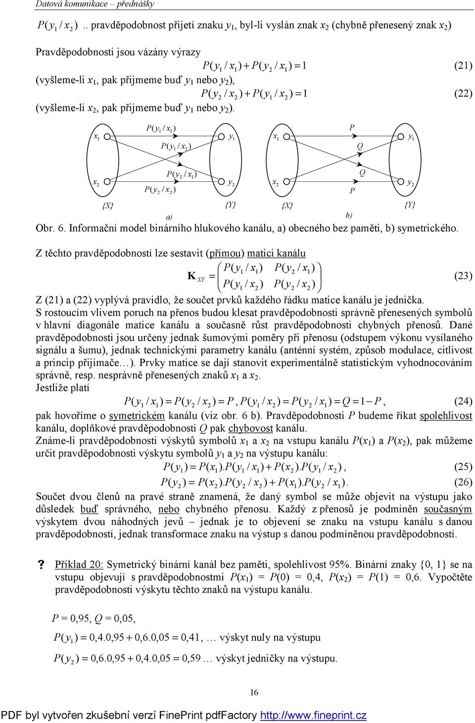 / x ) + y / x ) = () (vyšleme-li x, pak přijmeme buď y nebo y ). P y / x ) ( P x P y / x ) ( y x Q y x {X} P y / x ) ( P y / x ) ( y {Y} a) b) Obr. 6.