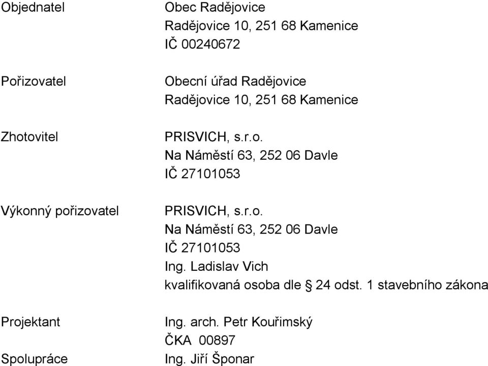 r.o. Na Náměstí 63, 252 06 Davle IČ 27101053 Ing. Ladislav Vich kvalifikovaná osoba dle 24 odst.