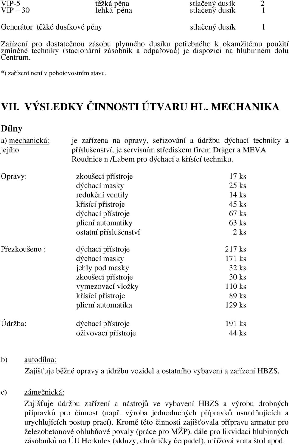 MECHANIKA Dílny a) mechanická: je zařízena na opravy, seřizování a údržbu dýchací techniky a jejího příslušenství, je servisním střediskem firem Dräger a MEVA Roudnice n /Labem pro dýchací a křísící