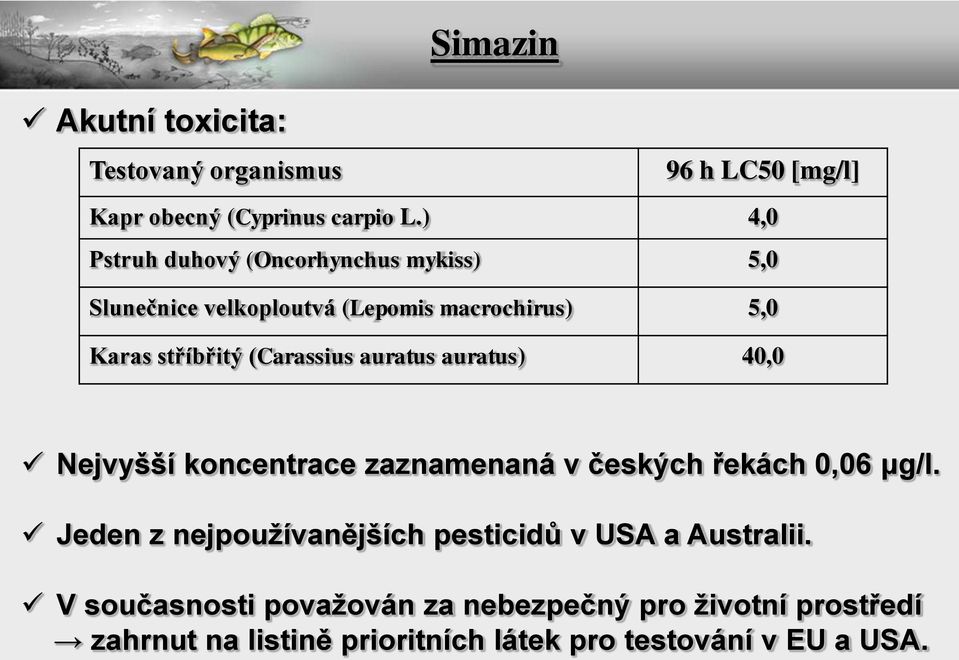 (Carassius auratus auratus) 4, Nejvyšší koncentrace zaznamenaná v českých řekách,6 μg/l.