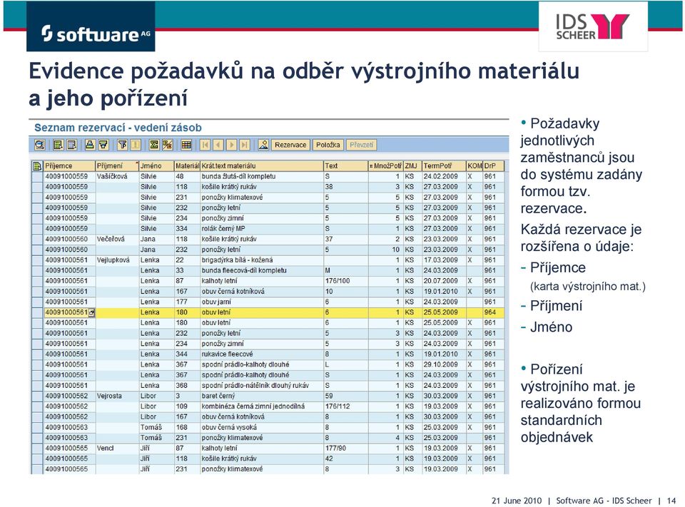 Každá rezervace je rozšířena o údaje: - Příjemce (karta výstrojního mat.