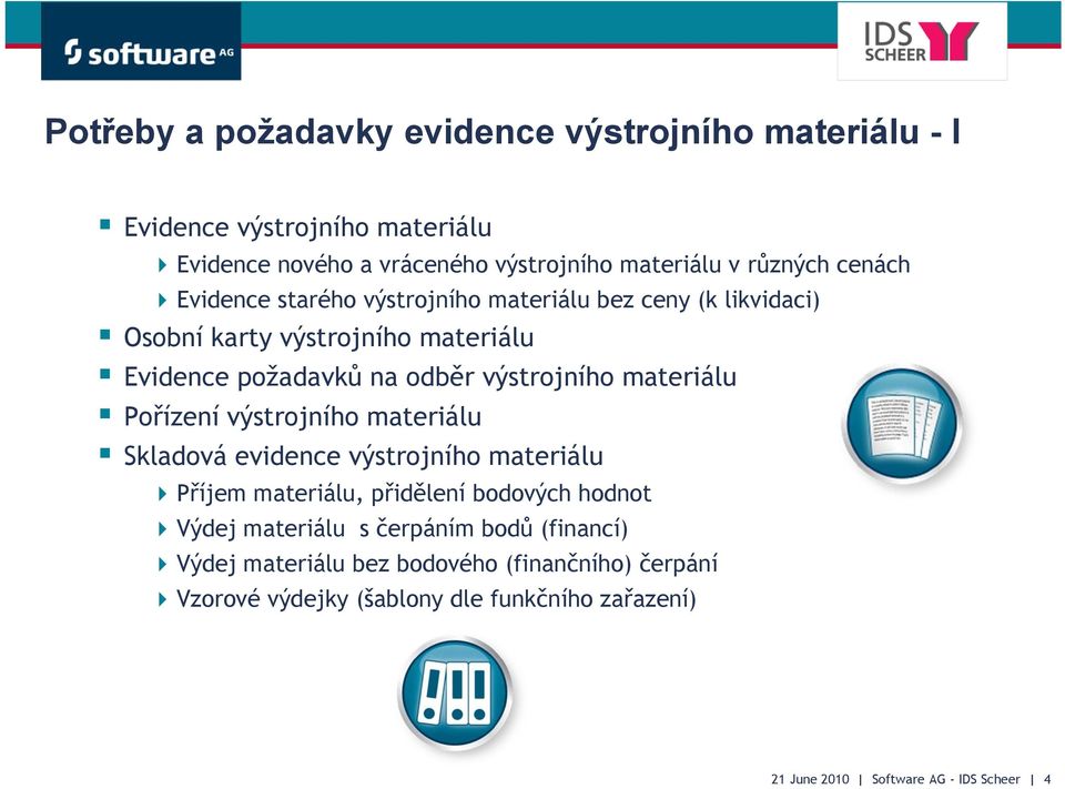 materiálu Pořízení výstrojního materiálu Skladová evidence výstrojního materiálu Příjem materiálu, přidělení bodových hodnot Výdej materiálu s