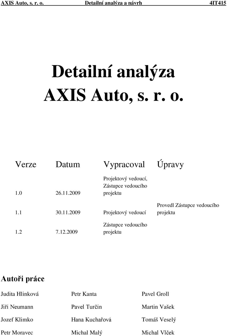 2009 Projektový vedoucí Provedl Zástupce vedoucího projektu 1.2 7.12.