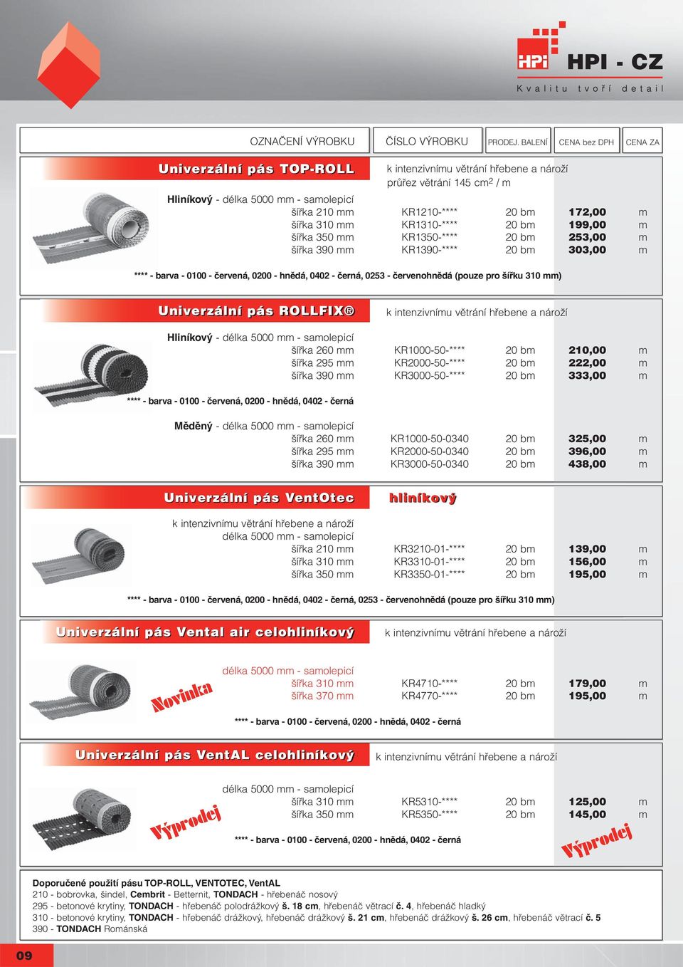 cz **** - barva - 0100 - červená, 0200 - hnědá, 0402 - černá, 0253 - červenohnědá (pouze pro šířku 310 mm) Univerzální pás ROLLFIX k intenzivnímu větrání hřebene a nároží Hliníkový - délka 5000 mm -