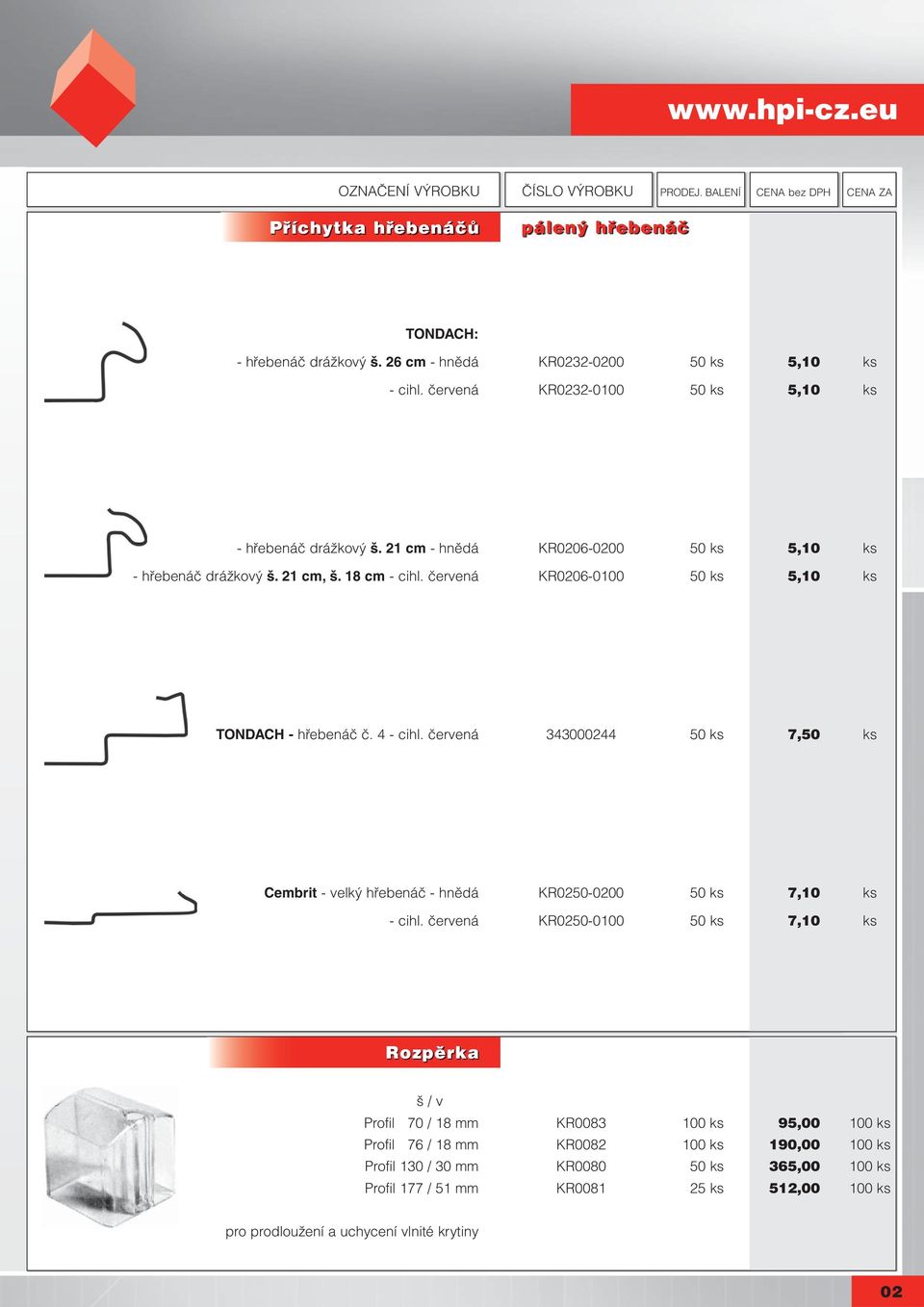 červená KR0206-0100 50 ks 5,10 ks TONDACH - hřebenáč č. 4 - cihl. červená 343000244 50 ks 7,50 ks Cembrit - velký hřebenáč - hnědá KR0250-0200 50 ks 7,10 ks - cihl.