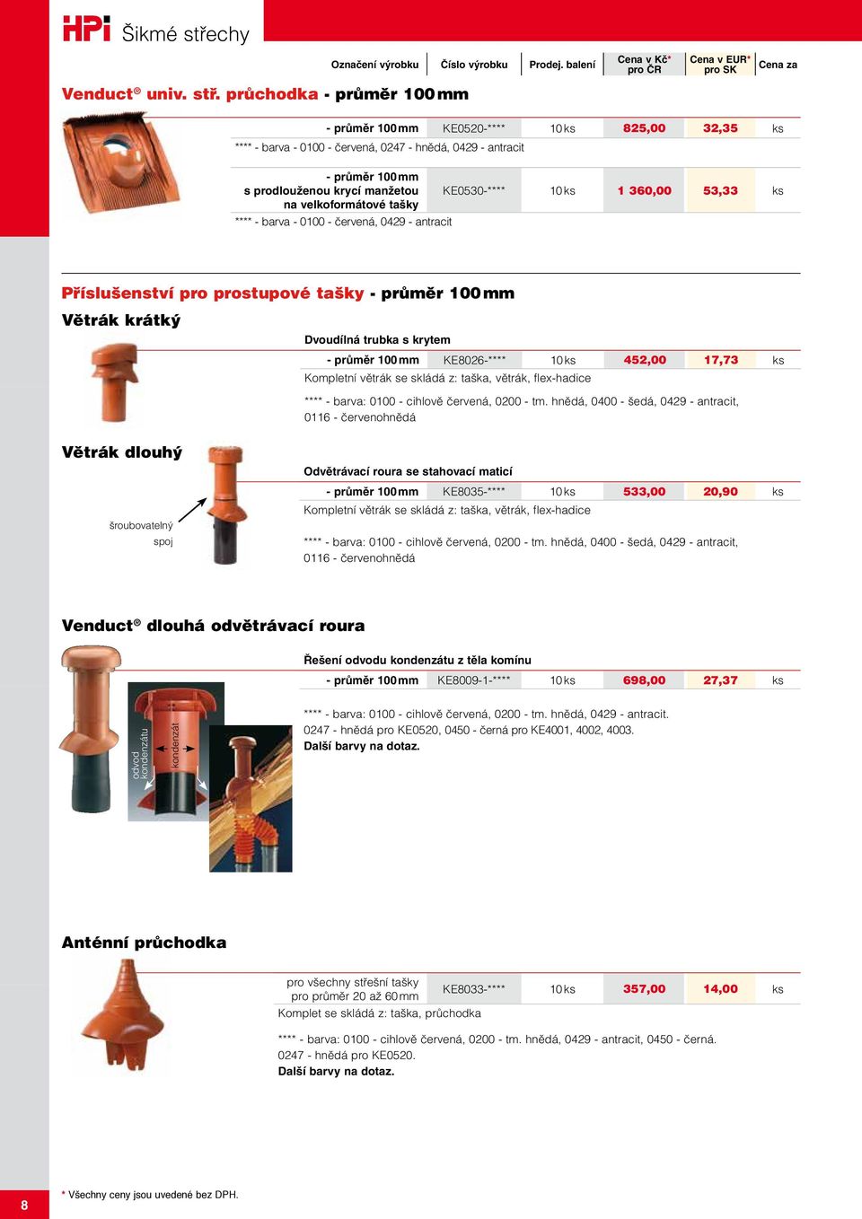 průchodka - průměr 100 mm - průměr 100 mm KE0520-**** 10 ks 825,00 32,35 ks **** - barva - 0100 - červená, 0247 - hnědá, 0429 - antracit - průměr 100 mm s prodlouženou krycí manžetou KE0530-**** 10