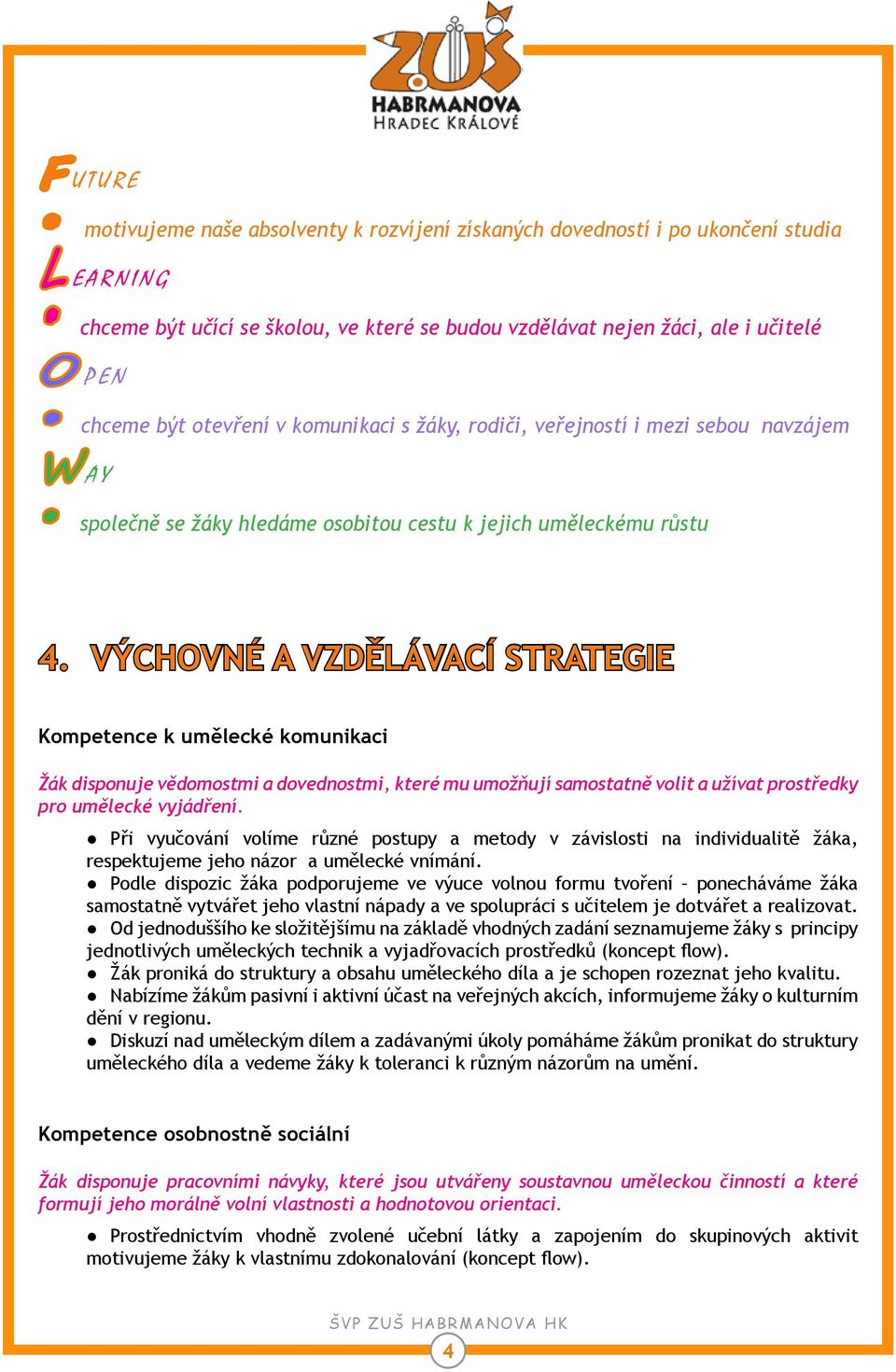 výchovné a vzdělávací strategie Kompetence k umělecké komunikaci Žák disponuje vědomostmi a dovednostmi, které mu umožňují samostatně volit a užívat prostředky pro umělecké vyjádření.