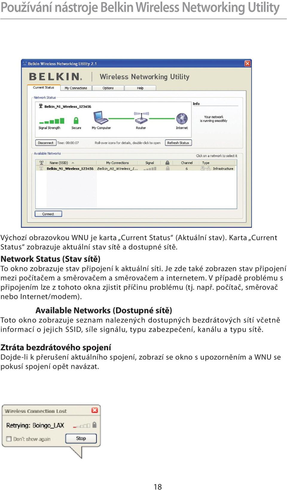 V případě problému s připojením lze z tohoto okna zjistit příčinu problému (tj. např. počítač, směrovač nebo Internet/modem).