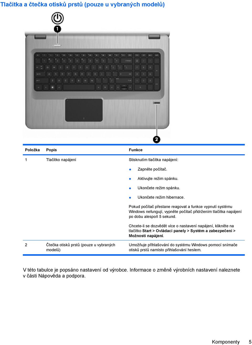 Chcete-li se dozvědět více o nastavení napájení, klikněte na tlačítko Start > Ovládací panely > Systém a zabezpečení > Možnosti napájení.