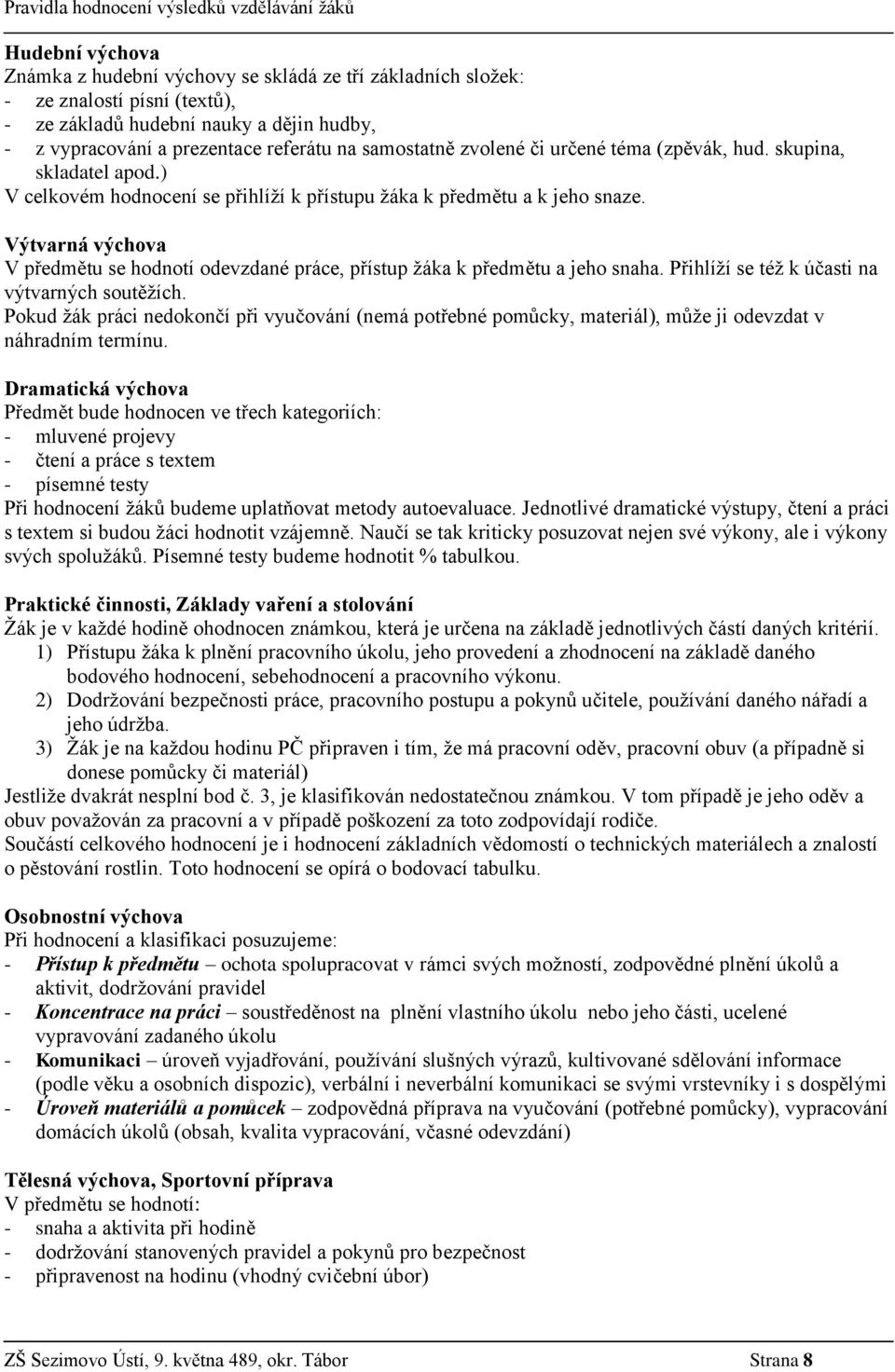 Výtvarná výchova V předmětu se hodnotí odevzdané práce, přístup žáka k předmětu a jeho snaha. Přihlíží se též k účasti na výtvarných soutěžích.