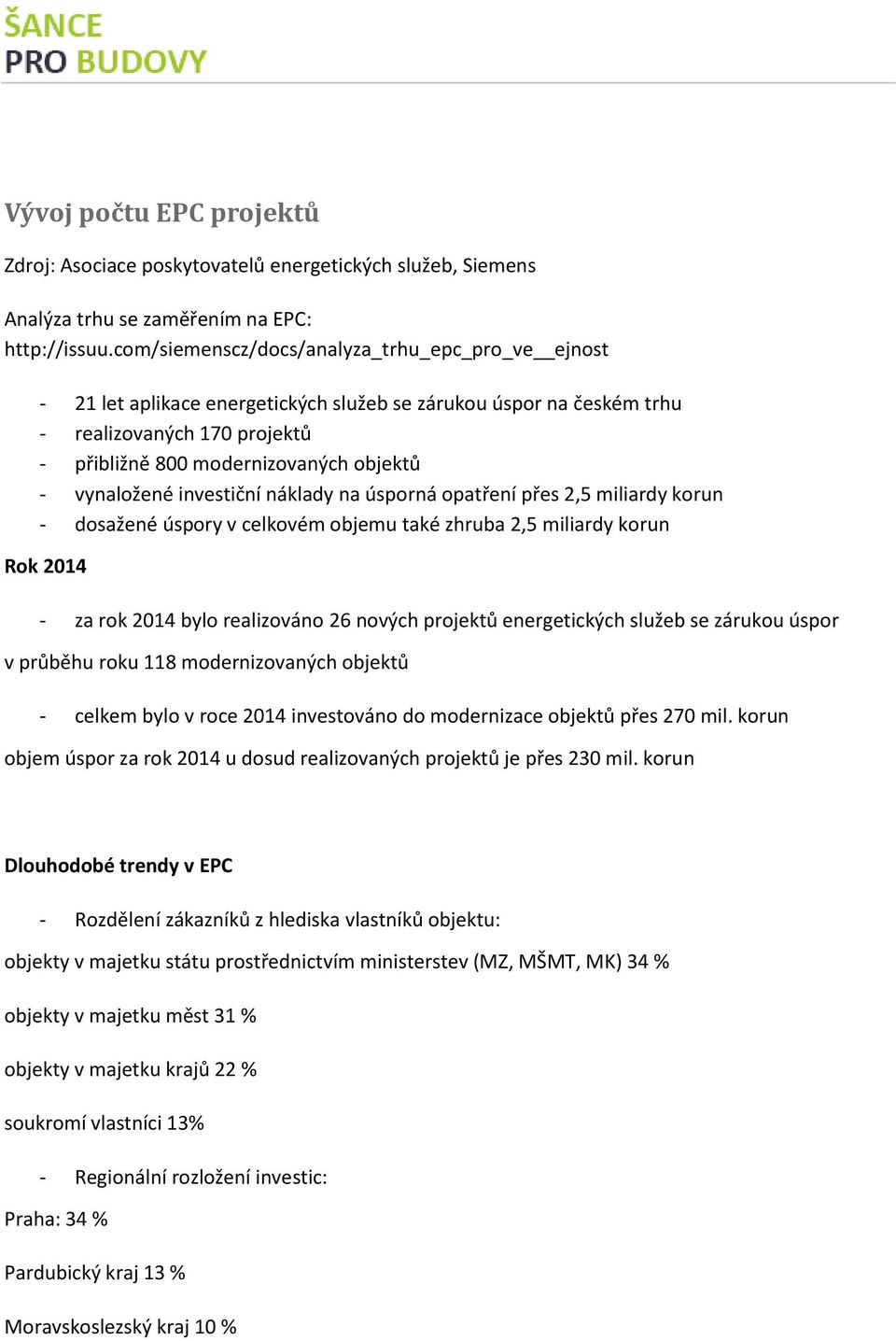 vynaložené investiční náklady na úsporná opatření přes 2,5 miliardy korun - dosažené úspory v celkovém objemu také zhruba 2,5 miliardy korun Rok 2014 - za rok 2014 bylo realizováno 26 nových projektů