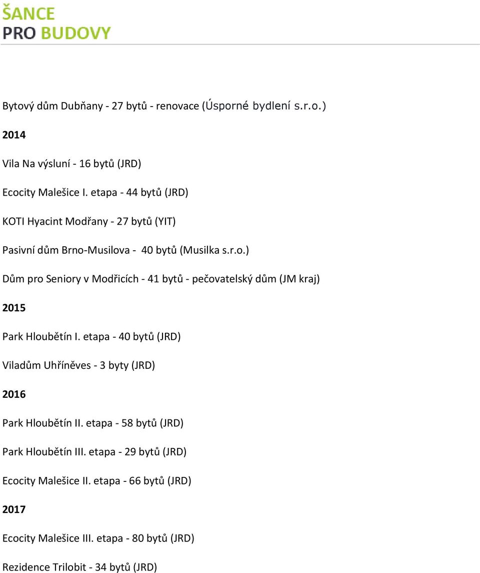 etapa - 40 bytů (JRD) Viladům Uhříněves - 3 byty (JRD) 2016 Park Hloubětín II. etapa - 58 bytů (JRD) Park Hloubětín III.