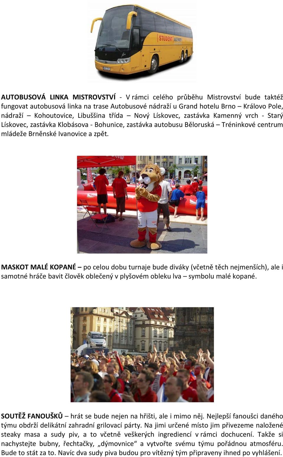 MASKOT MALÉ KOPANÉ po celou dobu turnaje bude diváky (včetně těch nejmenších), ale i samotné hráče bavit člověk oblečený v plyšovém obleku lva symbolu malé kopané.