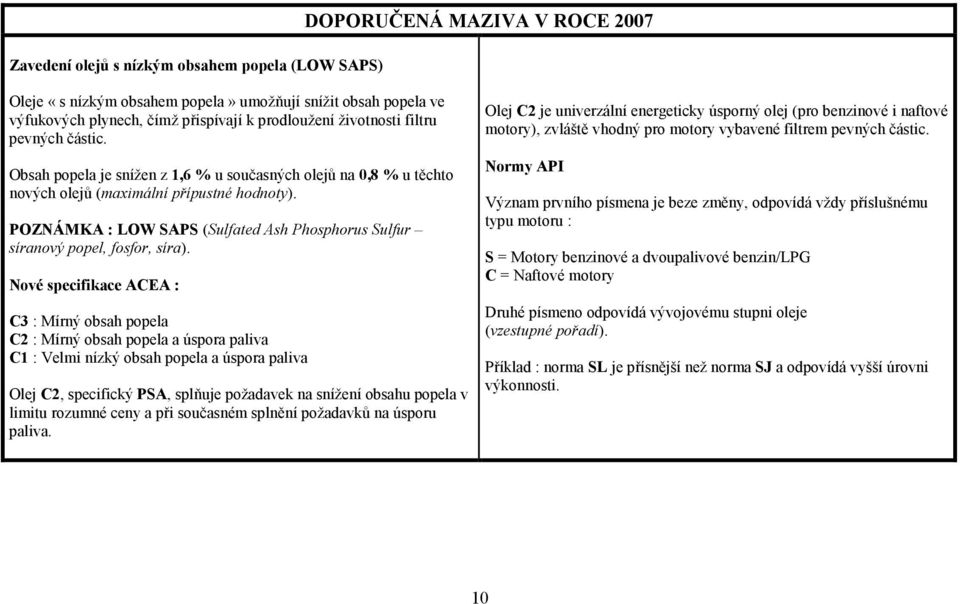 Nové specifikace ACEA : C3 : Mírný obsah popela C2 : Mírný obsah popela a úspora paliva C1 : Velmi nízký obsah popela a úspora paliva C2, specifický PSA, splňuje požadavek na snížení obsahu popela v