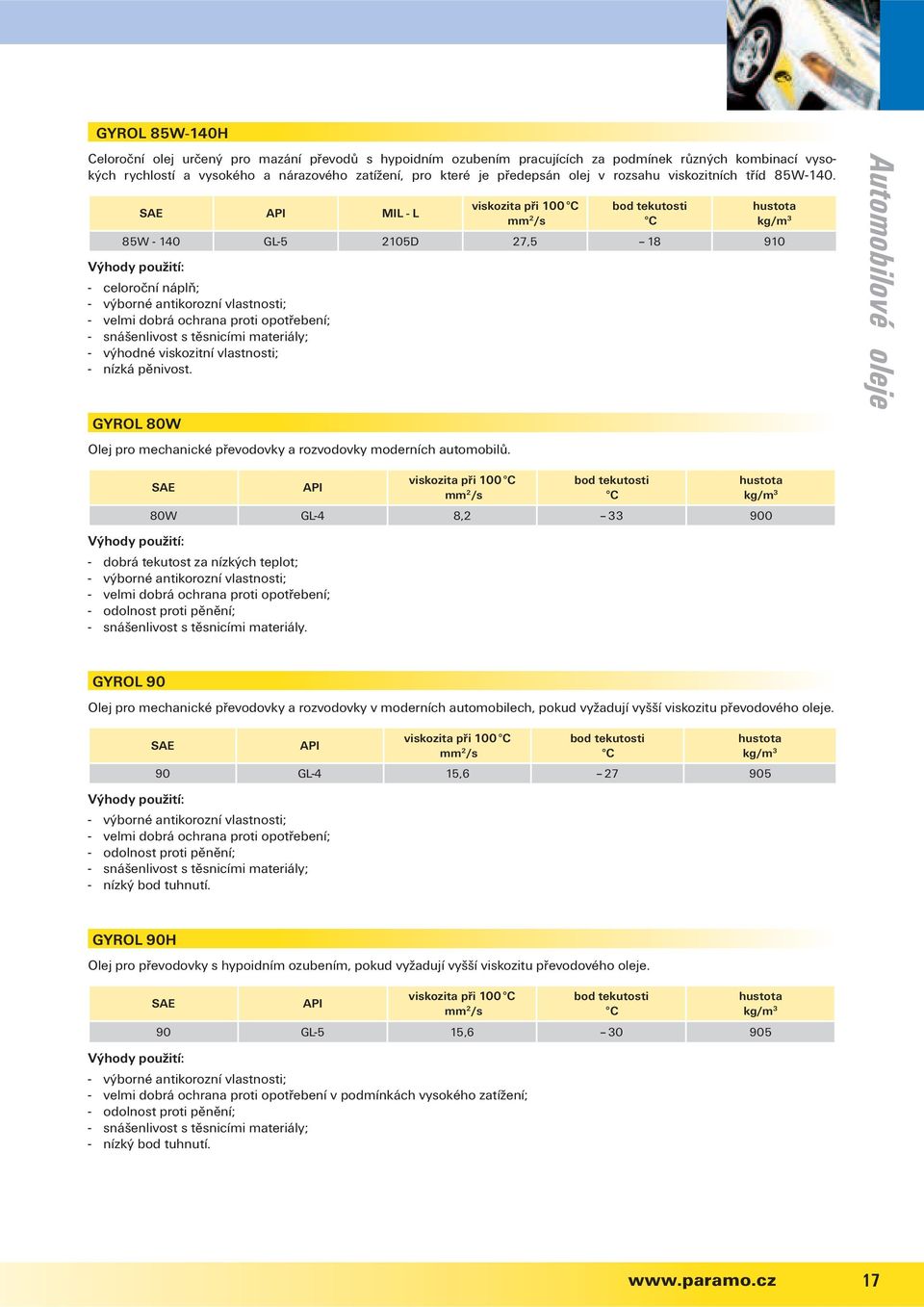 SAE API MIL - L viskozita při 100 C mm 2 /s bod tekutosti C 85W - 140 GL-5 2105D 27,5 18 910 Výhody použití: - celoroční náplň; - výborné antikorozní vlastnosti; - velmi dobrá ochrana proti