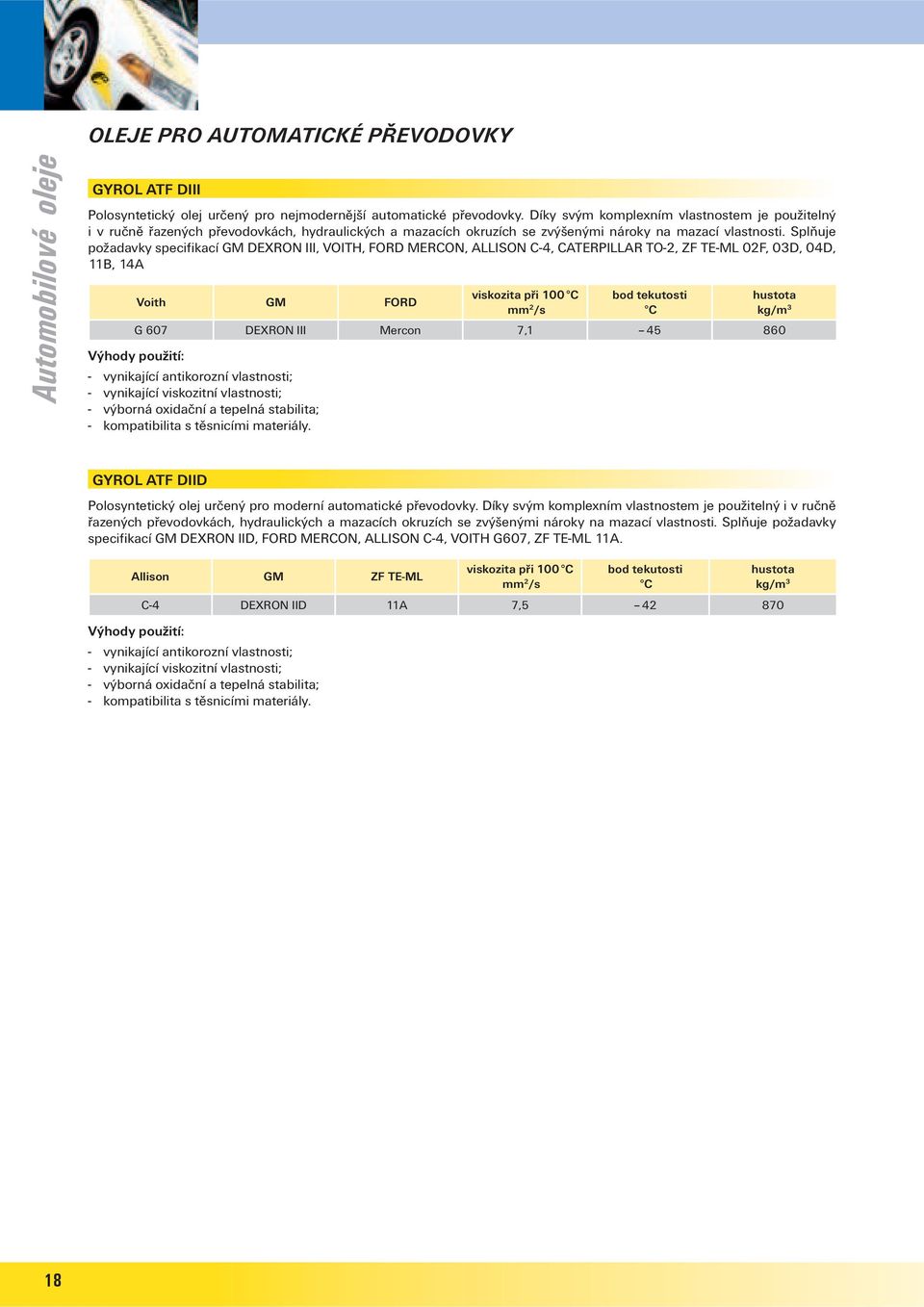 Splňuje požadavky specifikací GM DEXRON III, VOITH, FORD MERCON, ALLISON C-4, CATERPILLAR TO-2, ZF TE-ML 02F, 03D, 04D, 11B, 14A Voith GM FORD viskozita při 100 C mm 2 /s bod tekutosti C hustota kg/m