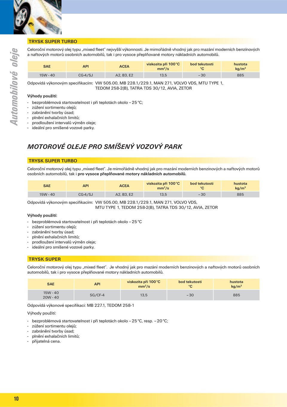 SAE API ACEA viskozita při 100 C mm 2 /s bod tekutosti C hustota kg/m 3 15W - 40 CG-4/SJ A2, B3, E2 13,5 30 885 Odpovídá výkonovým specifikacím: VW 505.00, MB 228.1/229.