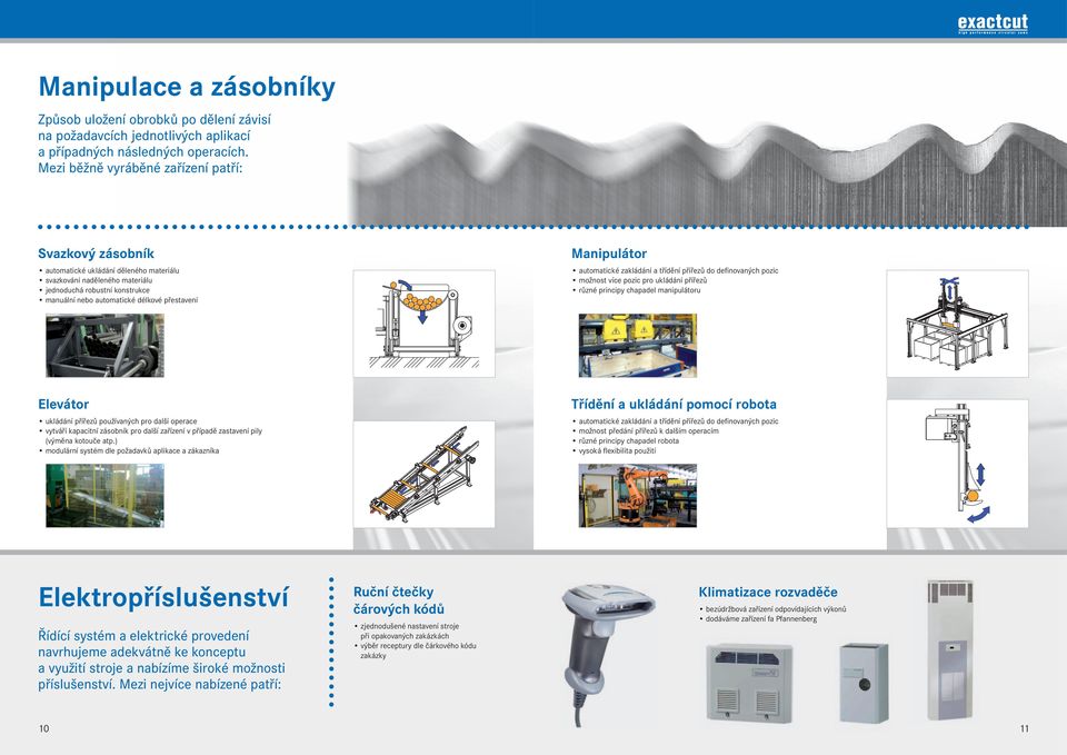 přestavení Manipulátor automatické zakládání a třídění přířezů do defi novaných pozic možnost více pozic pro ukládání přířezů různé principy chapadel manipulátoru Elevátor ukládání přířezů