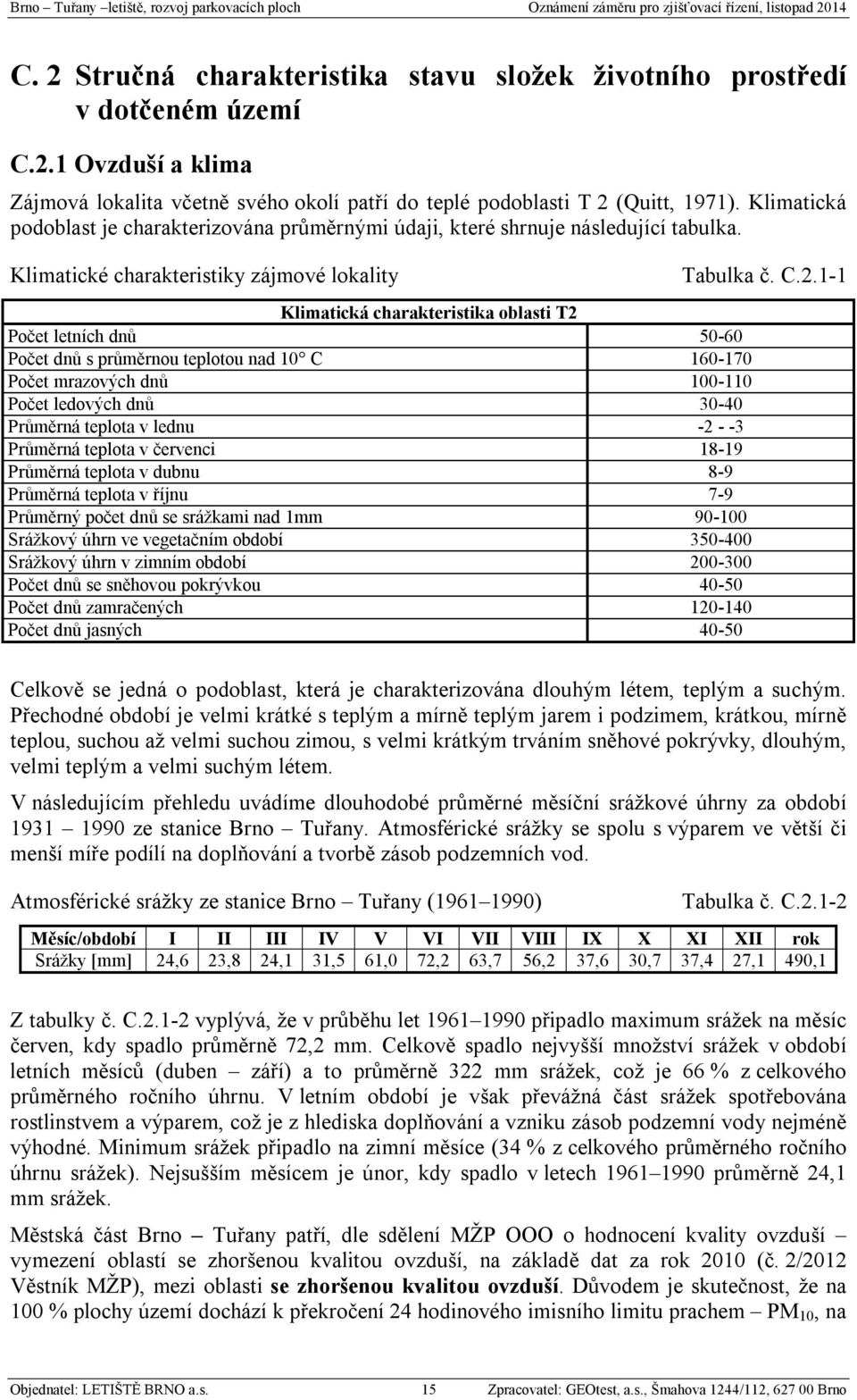 Klimatické charakteristiky zájmové lokality Klimatická charakteristika oblasti T2 Počet letních dnů 50-60 Počet dnů s průměrnou teplotou nad 10 C 160-170 Počet mrazových dnů 100-110 Počet ledových