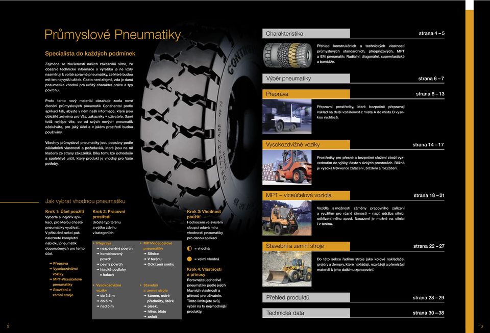 Proto tento nový materiál obsahuje zcela nové členění průmyslových pneumatik Continental podle aplikací tak, abyste v něm našli informace, které jsou důležité zejména pro Vás, zákazníky uživatele.