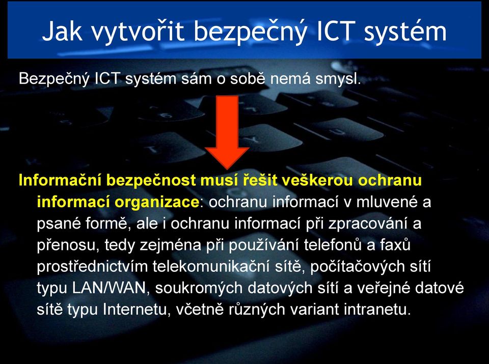 formě, ale i ochranu informací při zpracování a přenosu, tedy zejména při používání telefonů a faxů