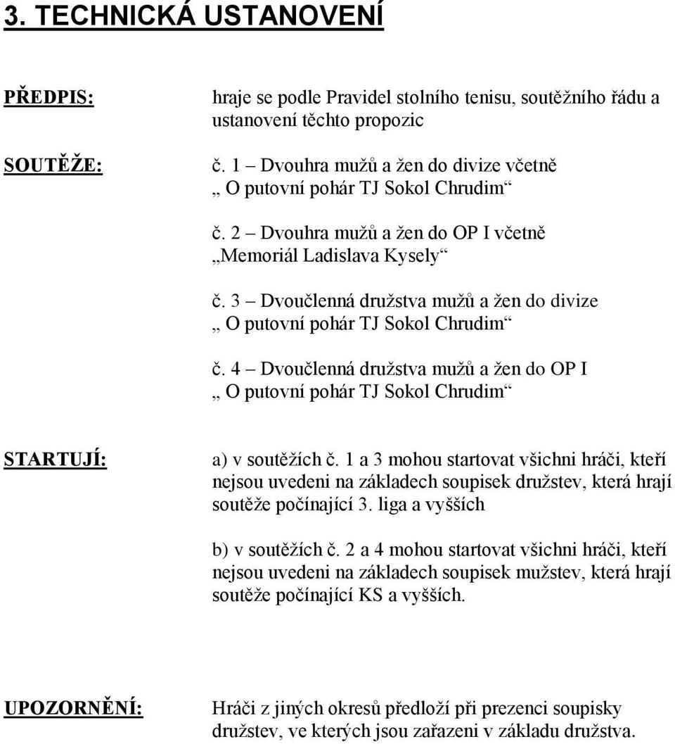 3 Dvoučlenná druţstva muţů a ţen do divize O putovní pohár TJ Sokol Chrudim č. 4 Dvoučlenná druţstva muţů a ţen do OP I O putovní pohár TJ Sokol Chrudim STARTUJÍ: a) v soutěţích č.