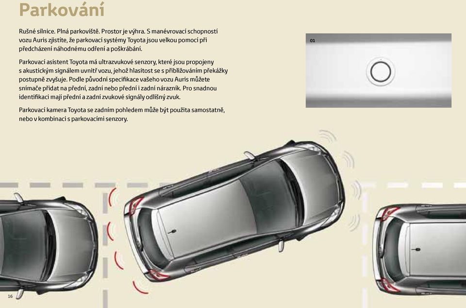 01 Parkovací asistent Toyota má ultrazvukové senzory, které jsou propojeny s akustickým signálem uvnitř vozu, jehož hlasitost se s přibližováním překážky postupně