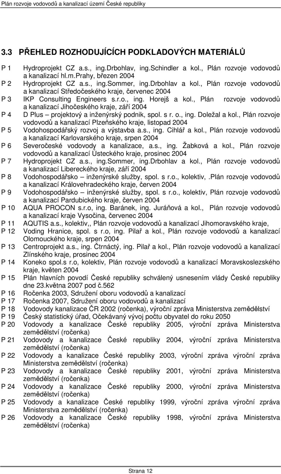 , Plán rozvoje vodovodů a kanalizací Jihočeského kraje, září 2004 P 4 D Plus projektový a inženýrský podnik, spol. s r. o., ing. Doležal a kol.