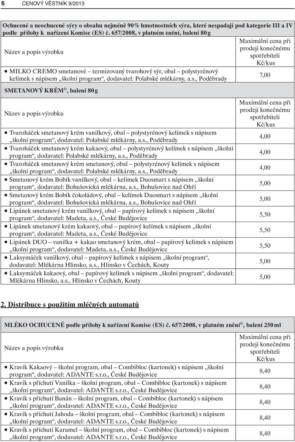 etanové termizovaný tvarohový sýr, obal polystyrénový 7,00 kelímek s nápisem školní program, dodavatel: Polabské mlékárny, a.s., Poděbrady SMETANOVÝ KRÉM 1), balení 80 g Tvaroháček smetanový krém vanilkový, obal polystyrénový kelímek s nápisem školní program, dodavatel: Polabské mlékárny, a.