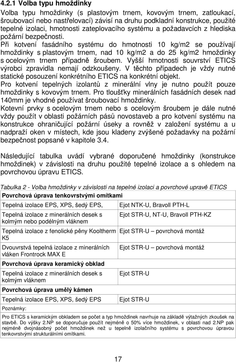 Při kotvení fasádního systému do hmotnosti 10 kg/m2 se používají hmoždinky s plastovým trnem, nad 10 kg/m2 a do 25 kg/m2 hmoždinky s ocelovým trnem případně šroubem.