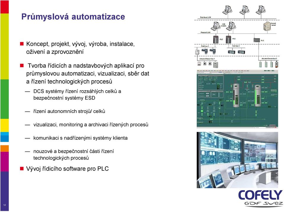 celků a bezpečnostní systémy ESD řízení autonomních strojů/ celků vizualizaci, monitoring a archivaci řízených procesů