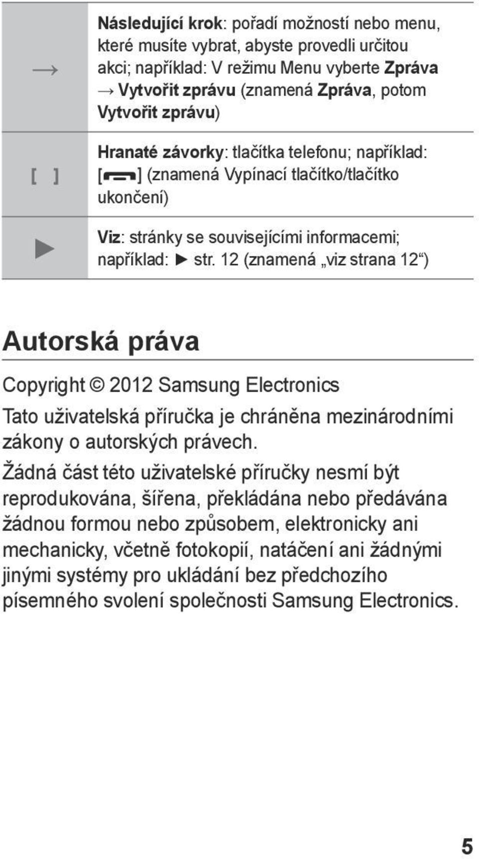 12 (znamená viz strana 12 ) Autorská práva Copyright 2012 Samsung Electronics Tato uživatelská příručka je chráněna mezinárodními zákony o autorských právech.