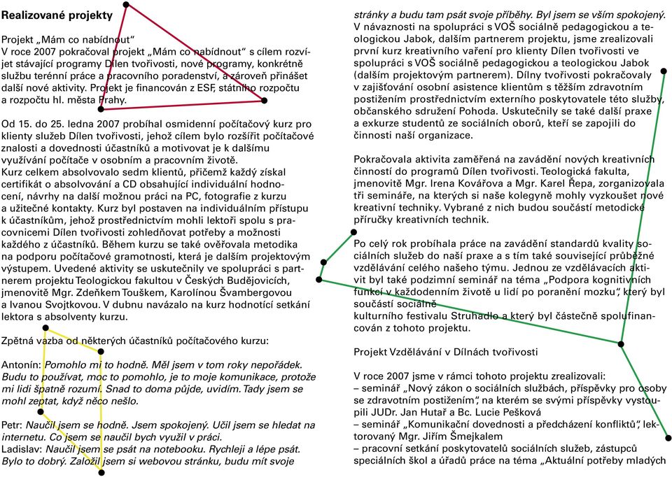 ledna 2007 probíhal osmidenní počítačový kurz pro klienty služeb Dílen tvořivosti, jehož cílem bylo rozšířit počítačové znalosti a dovednosti účastníků a motivovat je k dalšímu využívání počítače v