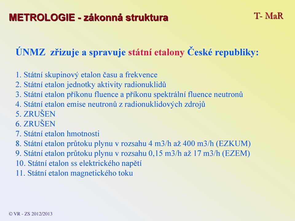 Státní etalon emise neutronů z radionuklidových zdrojů 5. ZRUŠEN 6. ZRUŠEN 7. Státní etalon hmotnosti 8.