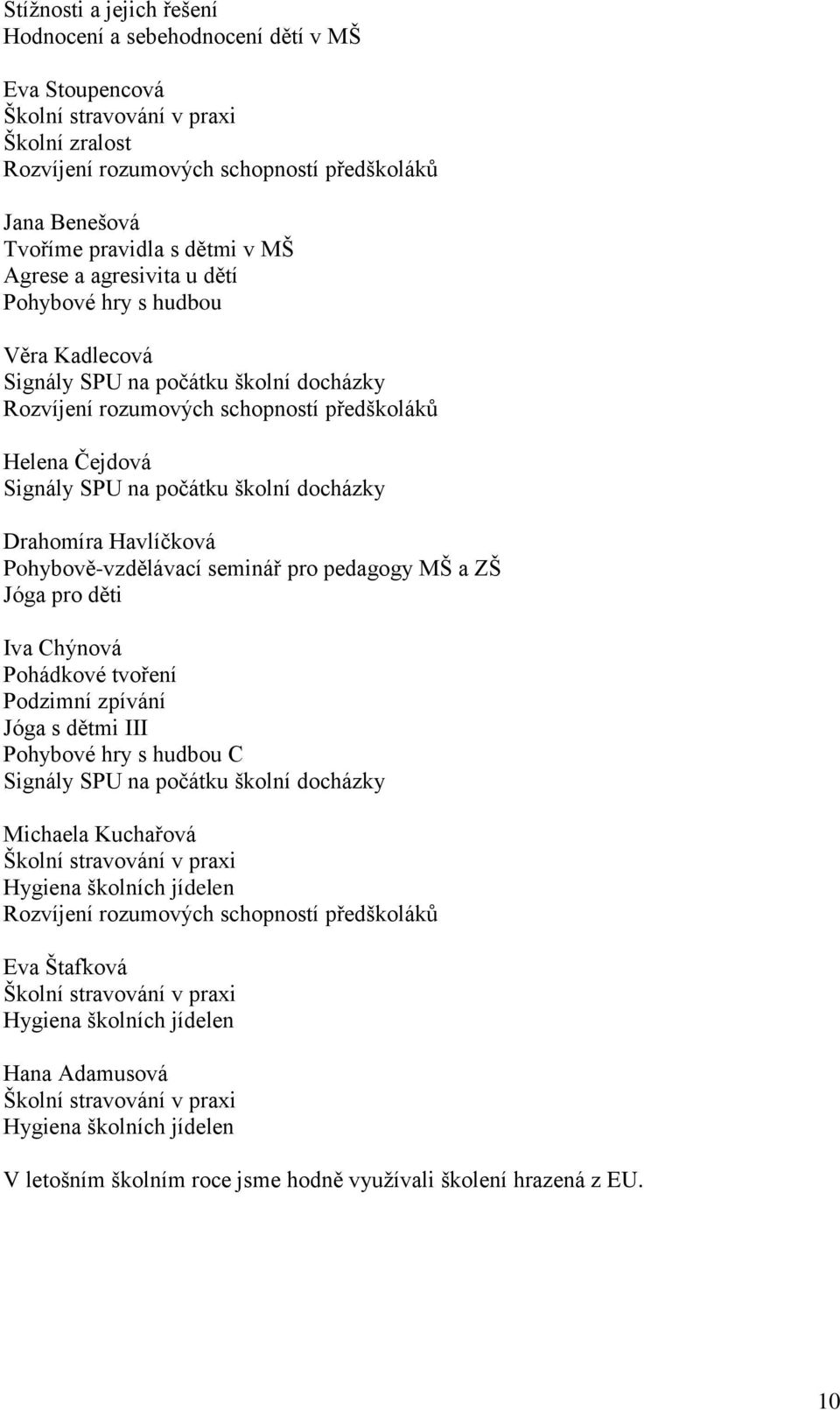 školní docházky Drahomíra Havlíčková Pohybově-vzdělávací seminář pro pedagogy MŠ a ZŠ Jóga pro děti Iva Chýnová Pohádkové tvoření Podzimní zpívání Jóga s dětmi III Pohybové hry s hudbou C Signály SPU