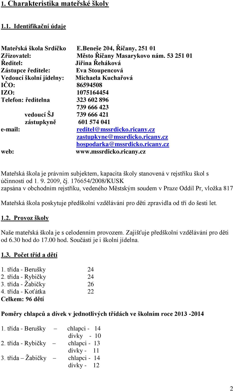 739 666 421 zástupkyně 601 574 041 e-mail: reditel@mssrdicko.ricany.cz zastupkyne@mssrdicko.ricany.cz hospodarka@mssrdicko.ricany.cz web: www.mssrdicko.ricany.cz Mateřská škola je právním subjektem, kapacita školy stanovená v rejstříku škol s účinností od 1.