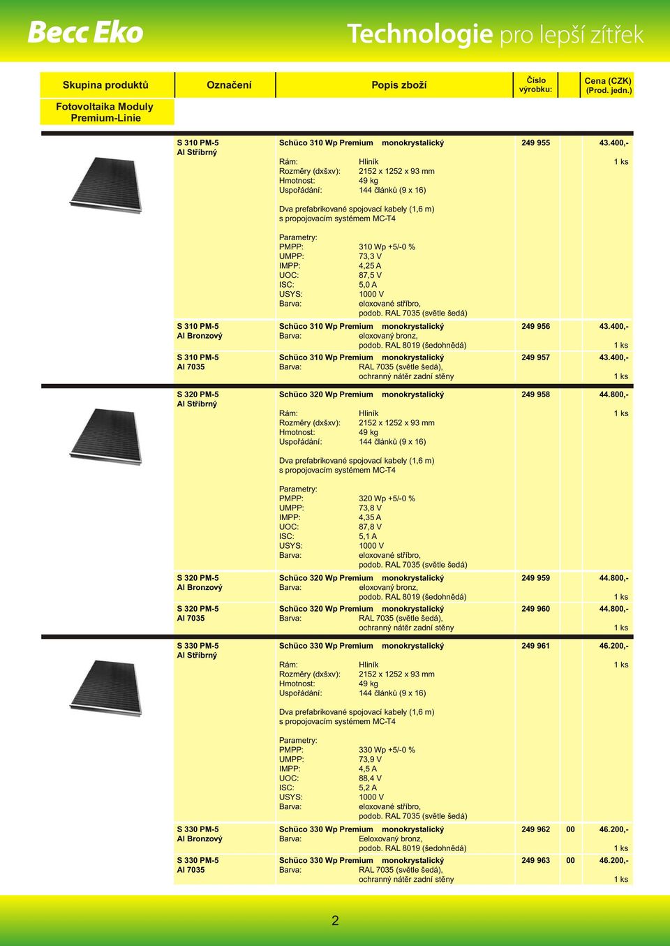 propojovacím systémem MC-T4 PMPP: 310 Wp +5/-0 % 73,3 V 4,25 A 87,5 V 5,0 A podob. RAL 7035 (světle šedá) Schüco 310 Wp Premium monokrystalický eloxovaný bronz, podob.