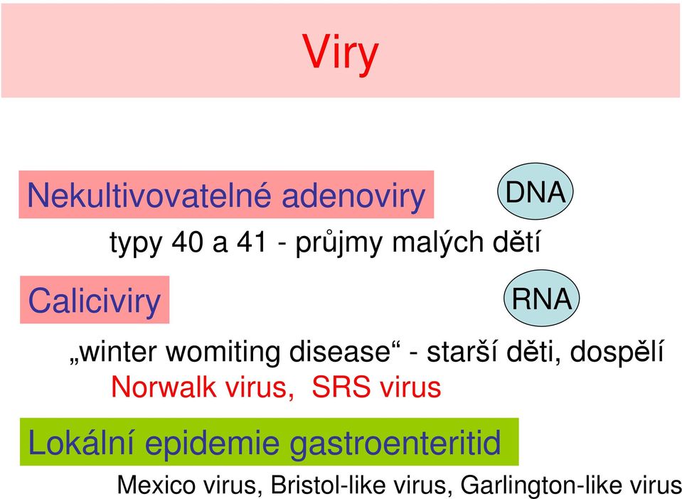 děti, dospělí Norwalk virus, SRS virus Lokální epidemie