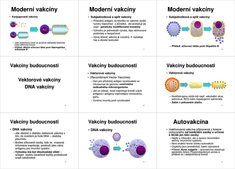 geneticky modifikované kvasinky Výhodou je jednodušší výroba, lépe definované podmínky a bezpečnost Vývoj účinné vakcíny je svízelný vyžaduje čas a dlouhé testování 47 Subjednotkové a split vakcíny