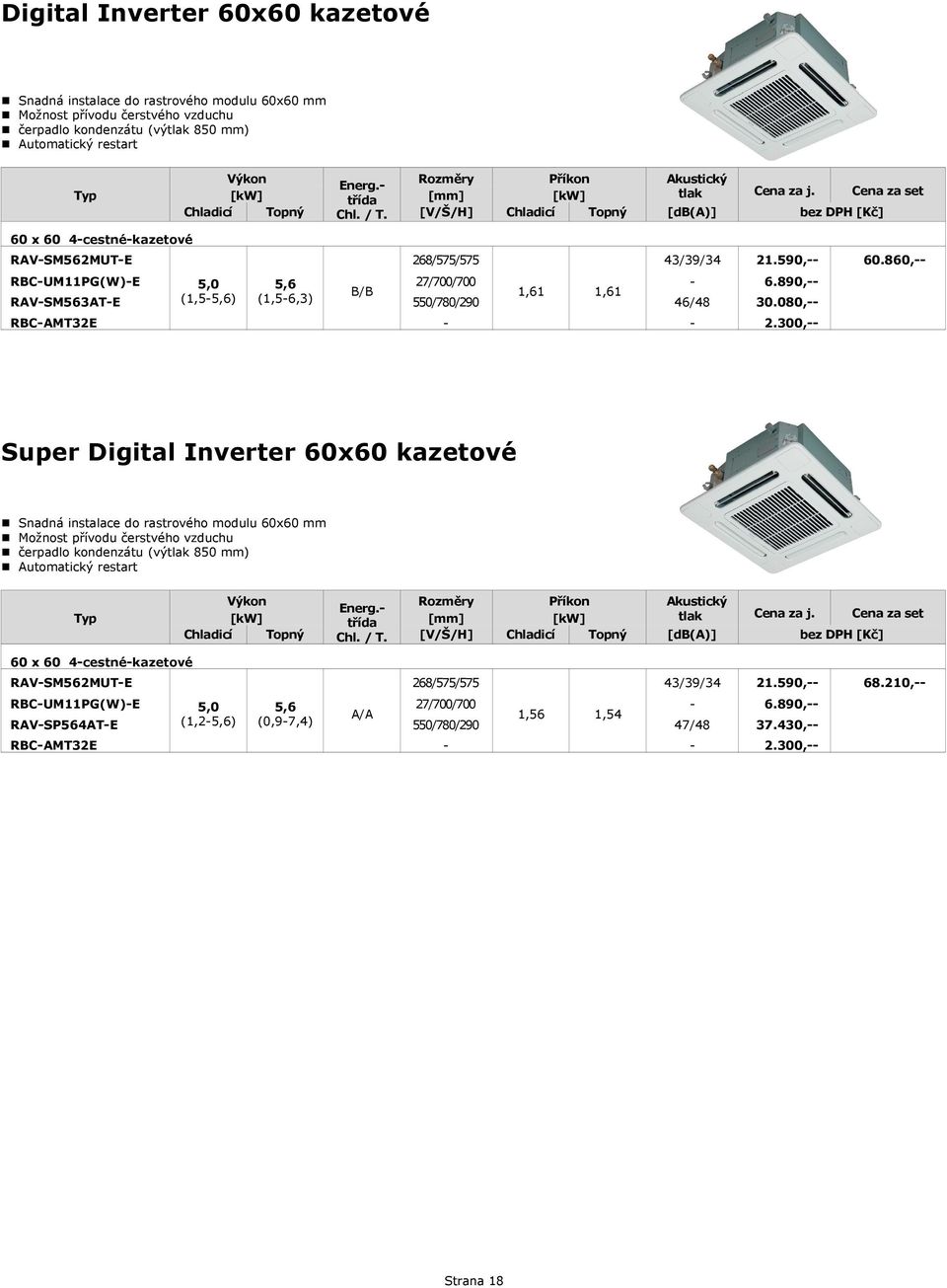 890, 46/48 30.080, Super  tlak Cena za set [V/Š/H] [db(a)] bez DPH [Kč] 60 x 60 4cestnékazetové RAVSM562MUTE 268/575/575 43/39/34 21.590, 68.