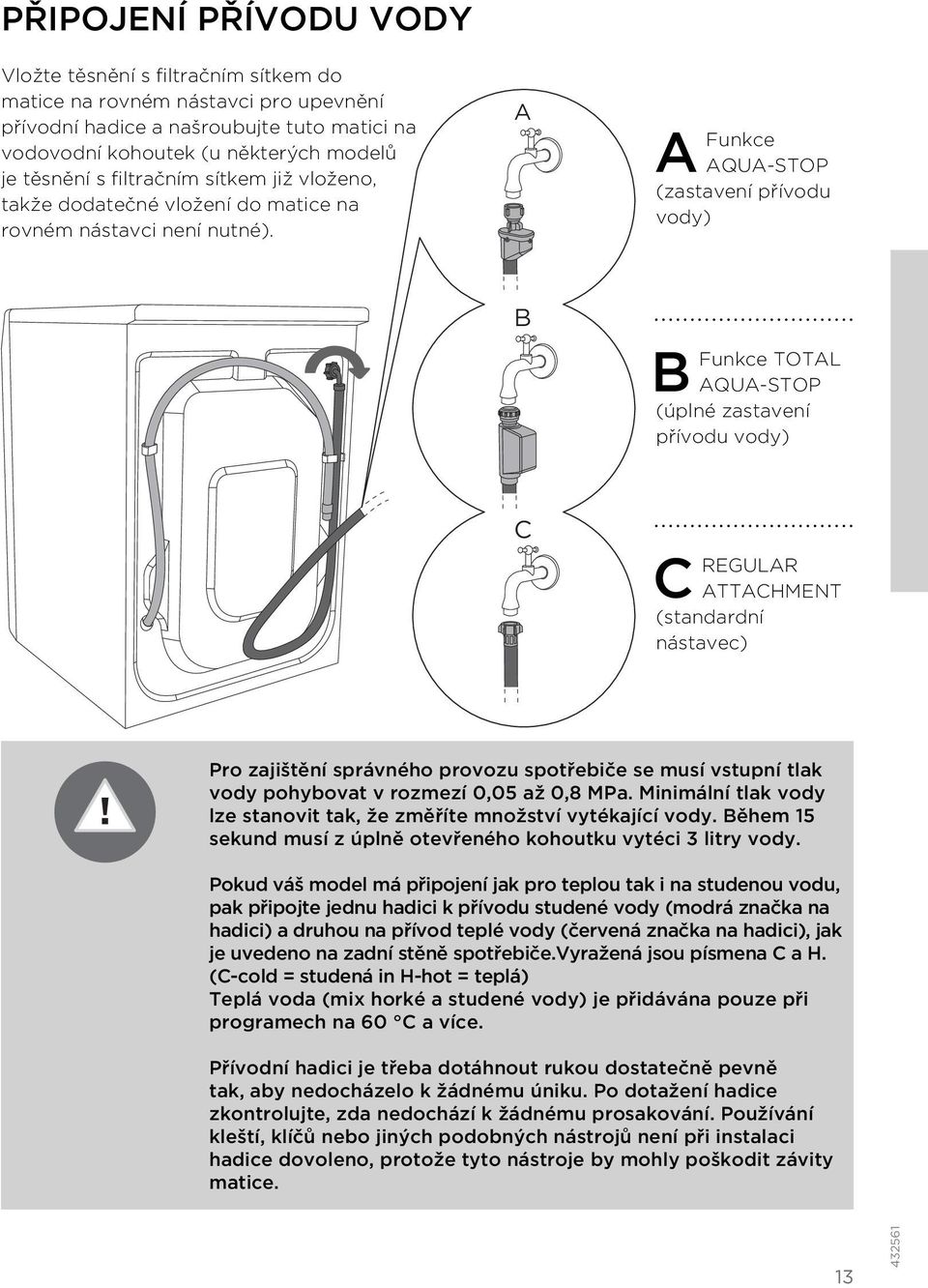 A A Funkce AQUA-STOP (zastavení přívodu vody) B B Funkce TOTAL AQUA-STOP (úplné zastavení přívodu vody) C C REGULAR ATTACHMENT (standardní nástavec) Pro zajištění správného provozu spotřebiče se musí