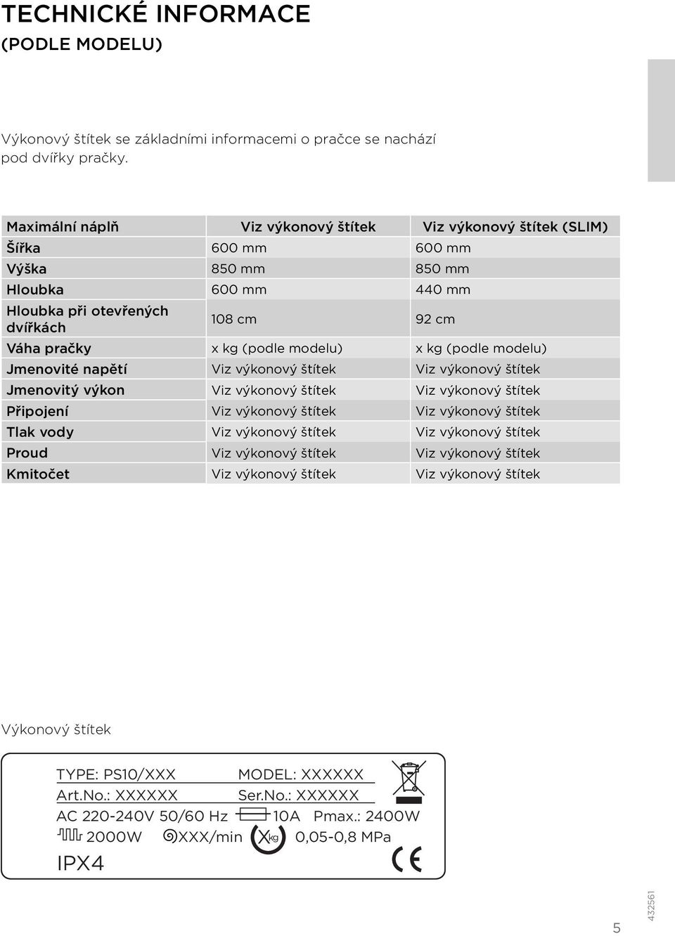 modelu) x kg (podle modelu) Jmenovité napětí Viz výkonový štítek Viz výkonový štítek Jmenovitý výkon Viz výkonový štítek Viz výkonový štítek Připojení Viz výkonový štítek Viz výkonový štítek Tlak