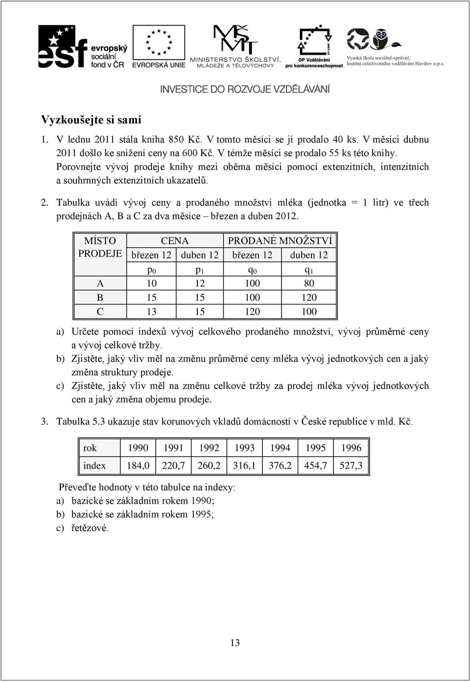 Tabulka uvádí vývoj ceny a prodaného množství mléka (jednotka = 1 litr) ve třech prodejnách A, B a C za dva měsíce březen a duben 212.