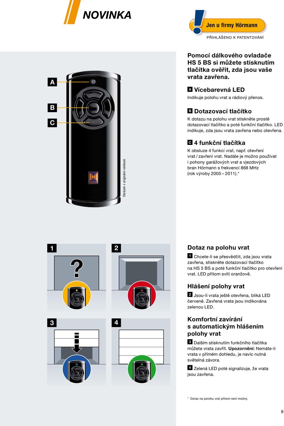 LED indikuje, zda jsou vrata zavřena nebo otevřena. C 4 funkční tlačítka Obrázek v originální velikosti K obsluze 4 funkcí vrat, např. otevření vrat / zavření vrat.